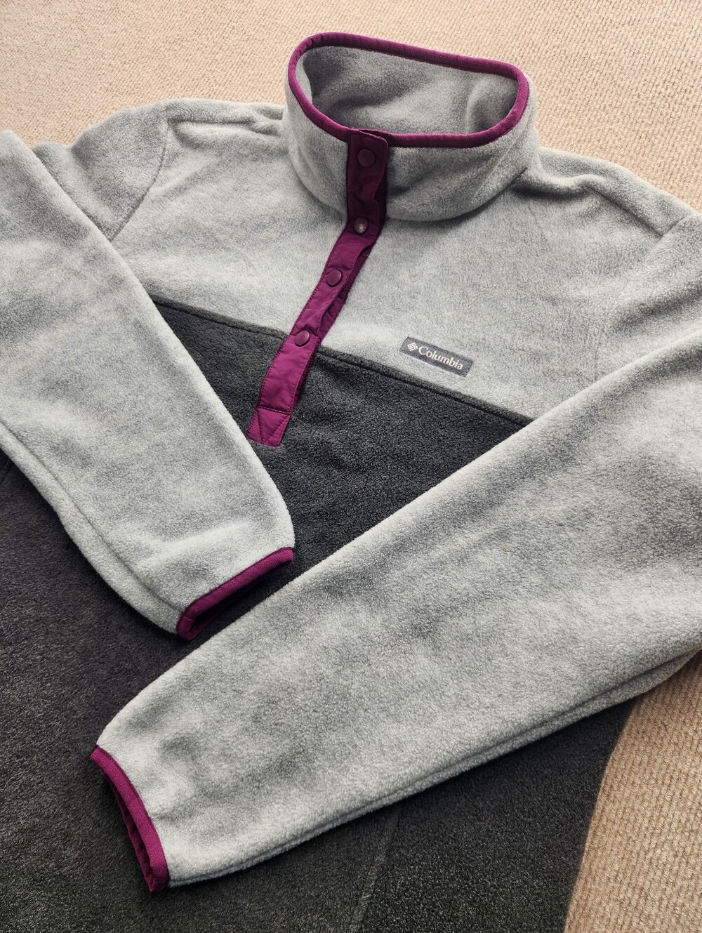 Columbia Women's XL Gray Colorblock Purple Trim 1/4 Button Fleece Pullover
